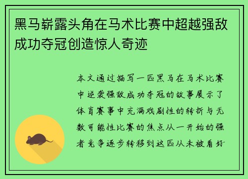 黑马崭露头角在马术比赛中超越强敌成功夺冠创造惊人奇迹