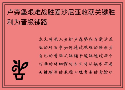 卢森堡艰难战胜爱沙尼亚收获关键胜利为晋级铺路